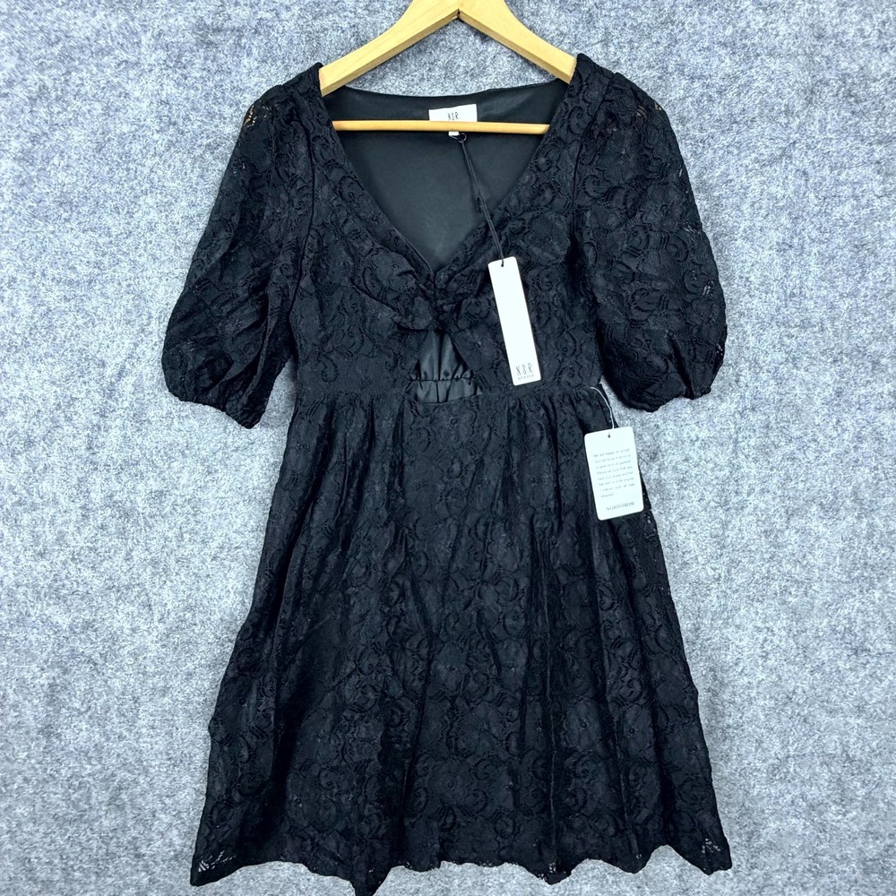 NSR Mini Dress Womens Small Black Floral Lace Front Cutout Girly Goth Wednesday
